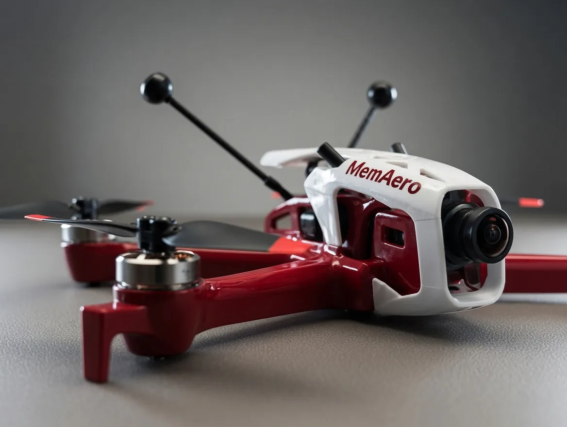 MemAero Aero 3 7-inch long-range FPV drone — red and white airframe, low dramatic 3/4 view (design render)